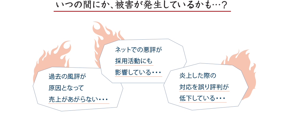 いつの間にか、被害が発生しているかも…? ネットでの悪評が採用活動にも影響している… 炎上した際の対応を誤り評判が低下している… 過去の風評が原因となって売上があがらない…